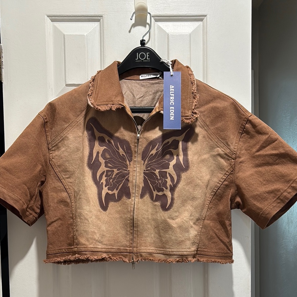Brown Cropped Women’s Jean Jacket with Butterfly Design